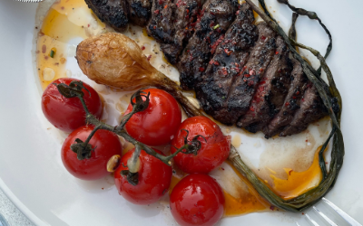 Steak and Cherry Tomatoes on a white plate from Aba.