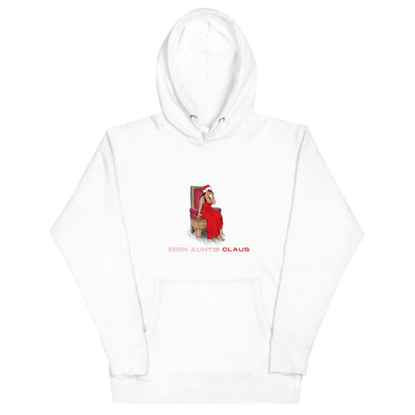 The limited edition Patricia of Chicago ‘Rich Auntie Claus Holiday Hoodie features a holiday design, comfy cotton blend, drawstrings and a front pocket pouch.